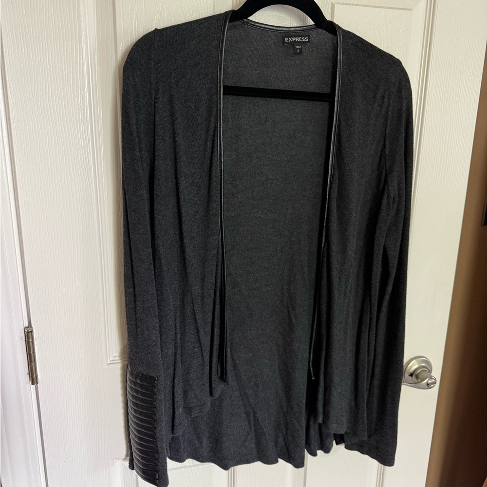 Express Women's Charcoal Open Cardigan with faux leather accents
